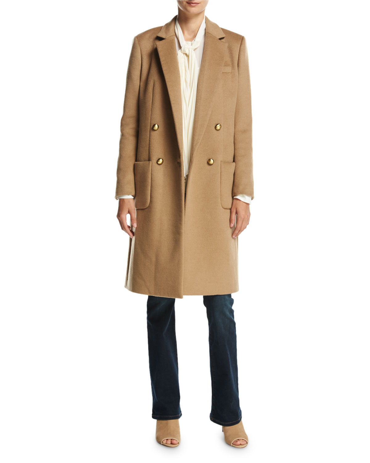 Tailored Double-Breasted Wool-Blend Coat, Dark Camel