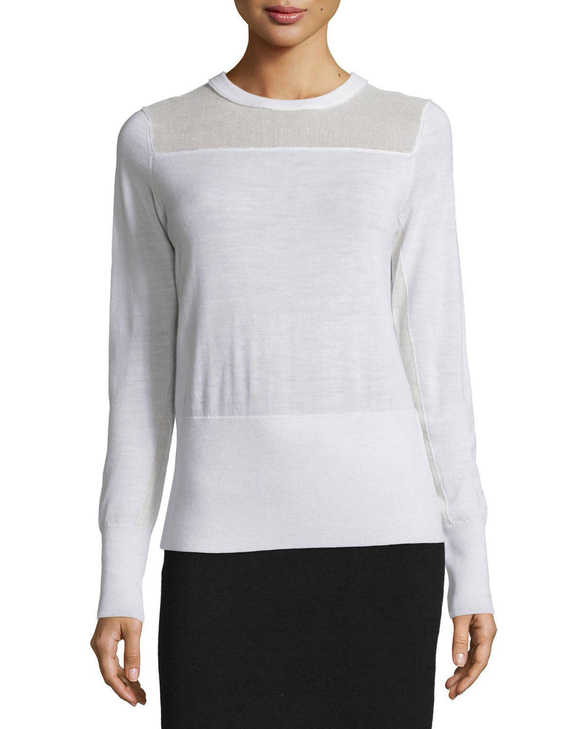 Elana Mesh-Trim Pullover Sweater, Ivory