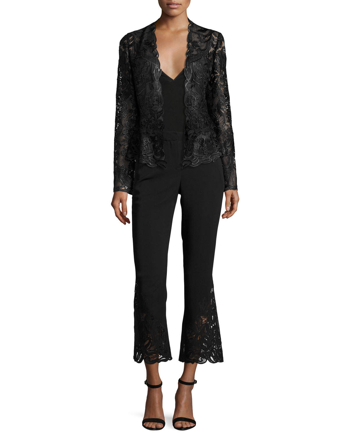 Kerri Cropped Lace-Hem Flared-Leg Pants, Black