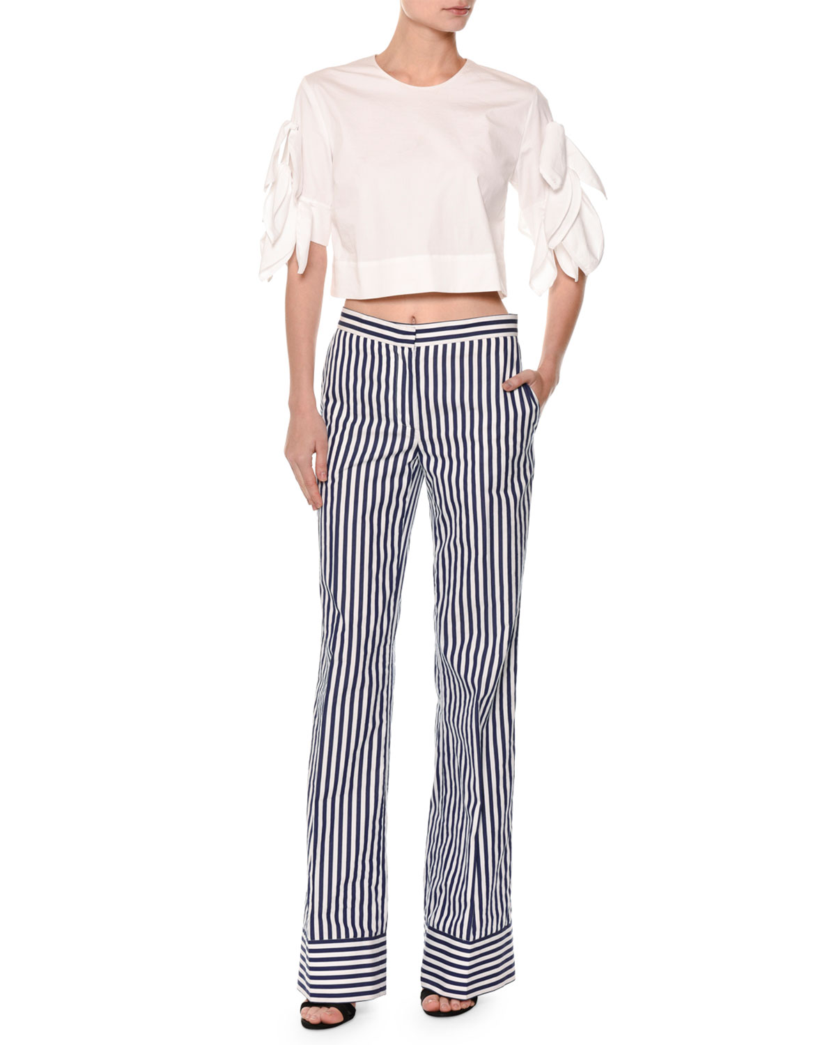 Striped Straight-Leg Cotton Pants, White/Blue
