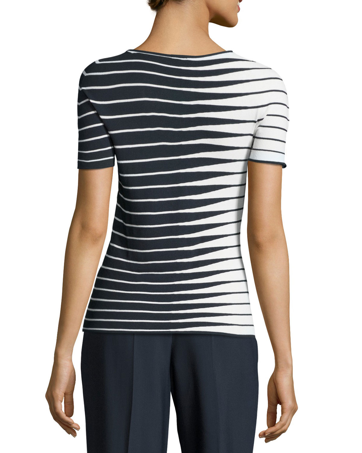 Alternating-Stripe Short-Sleeve Sweater, Navy/Multi