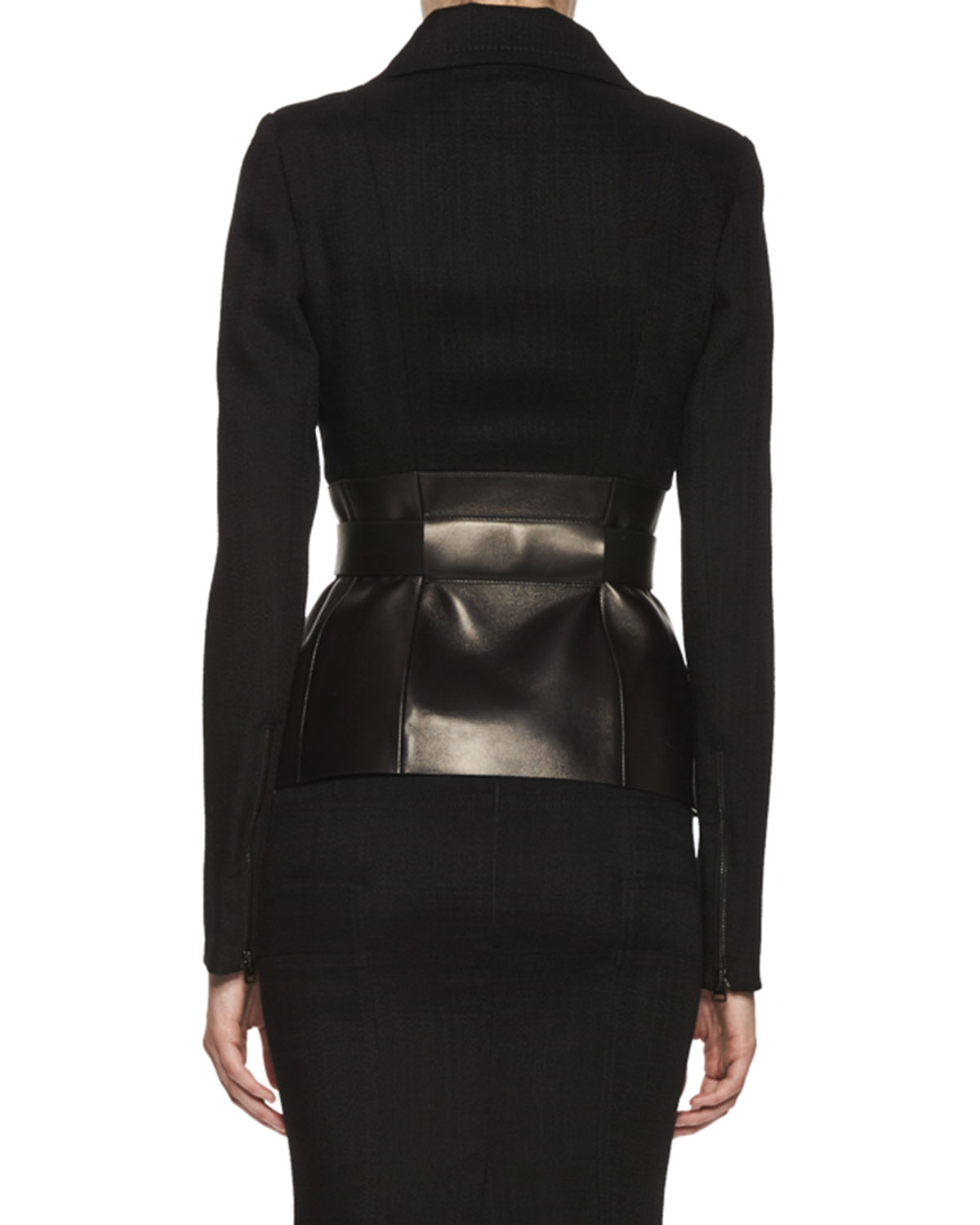 Belted Leather Peplum Wrap Jacket, Black