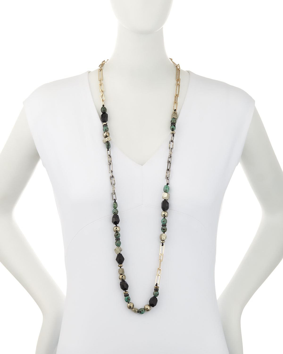 Long Crystal Chain Link Necklace, Green/Black