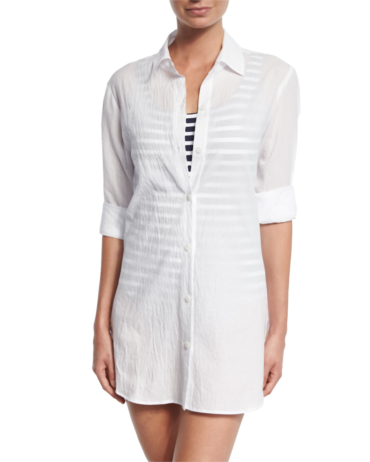 Crinkled-Cotton Boyfriend Coverup Shirt