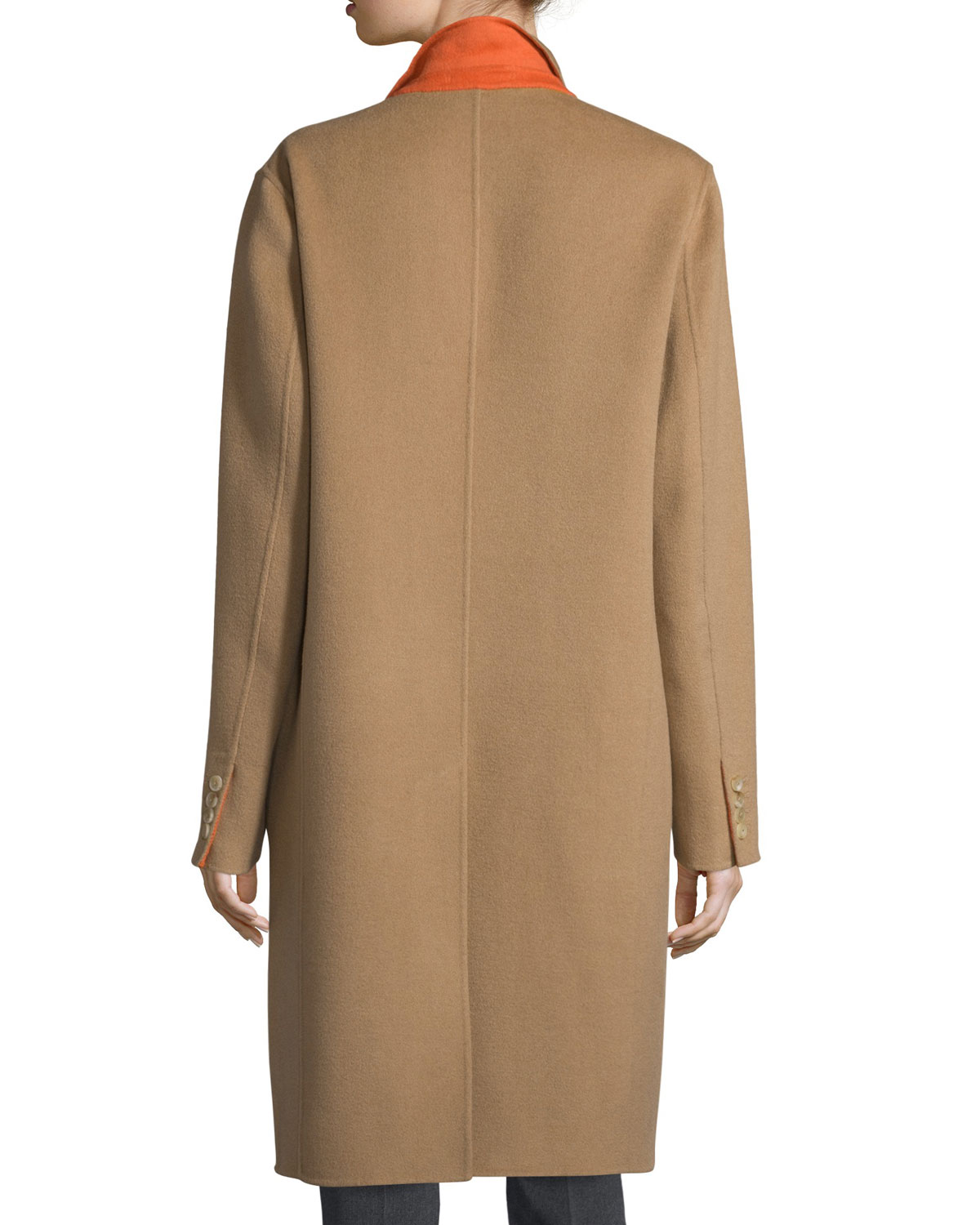 Double-Face Wool-Blend Coat, Camel/Tangerine