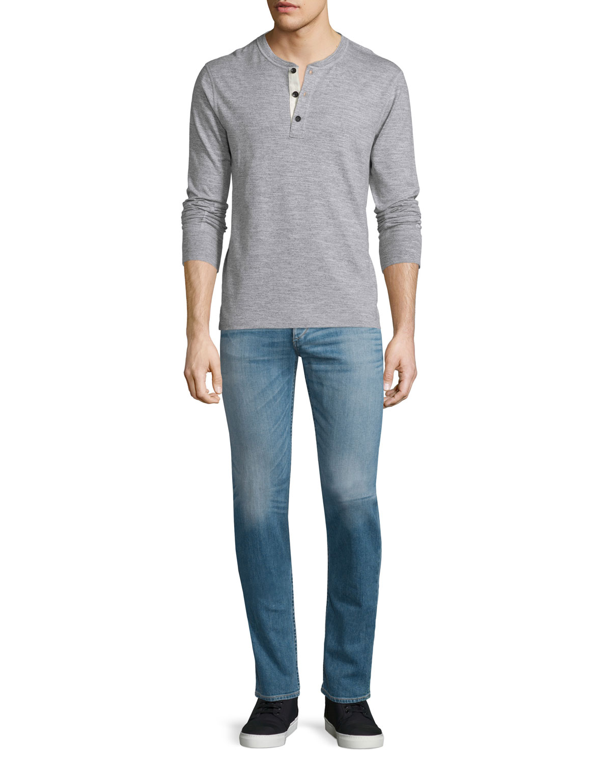 Basic Long-Sleeve Henley Shirt, Gray