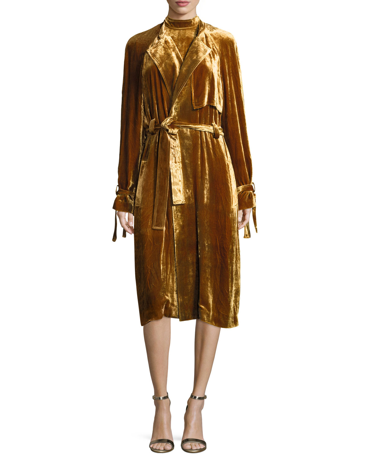 Augusto Belted Velvet Trenchcoat, Gold