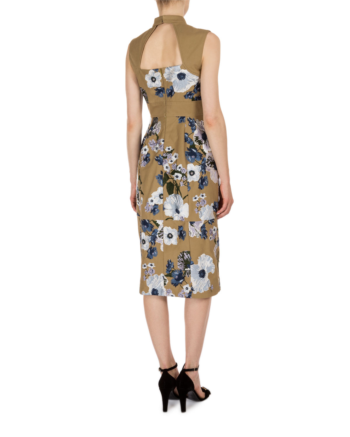 Delphine Floral-Print Keyhole Dress, Khaki