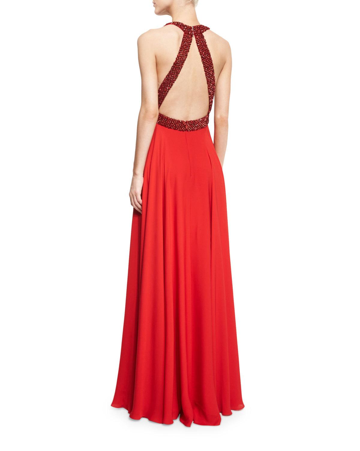 Halter-Neck Embellished-Trim Gown, Russian Red