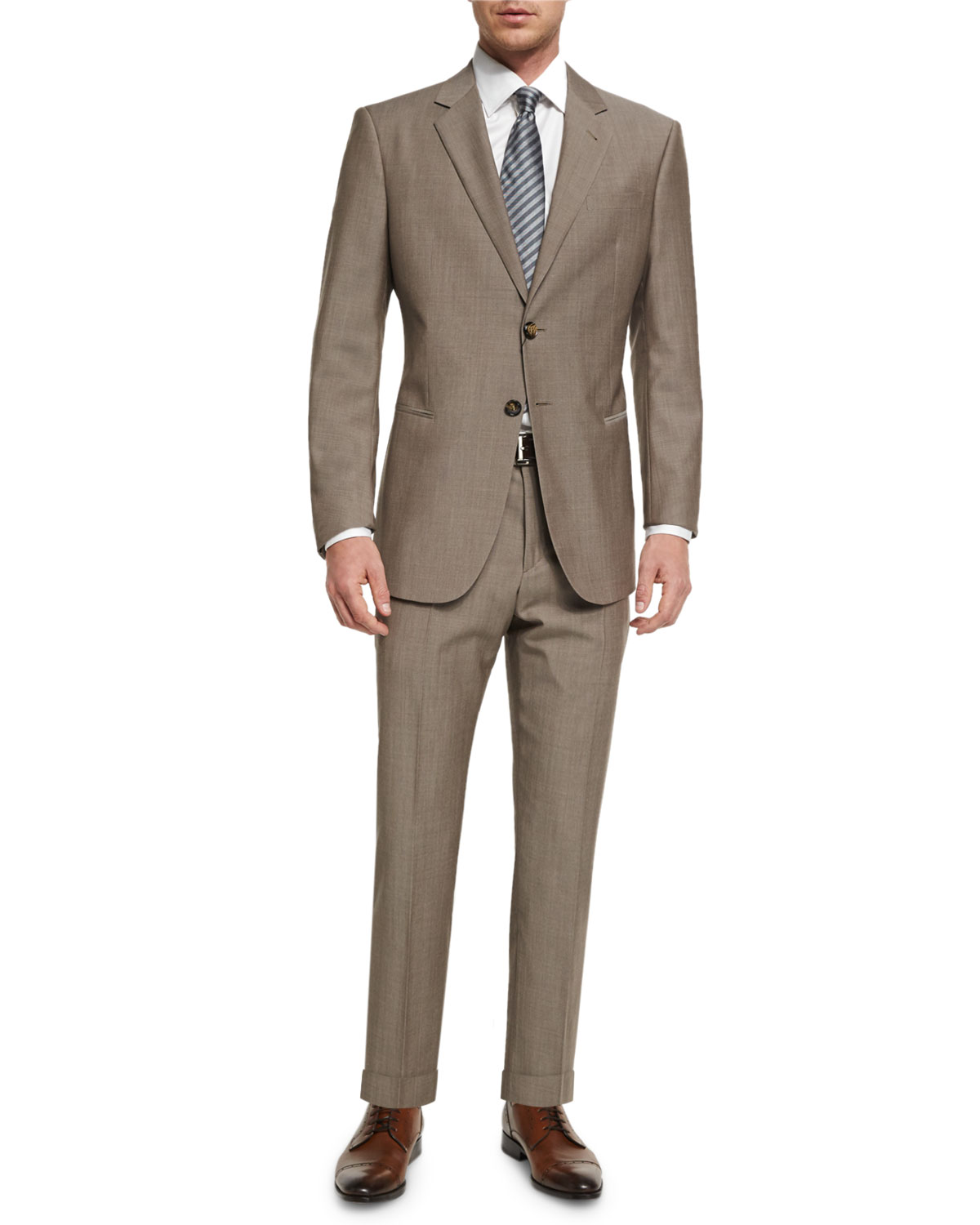 Taylor Solid Sharkskin Two-Piece Wool Suit, Tan