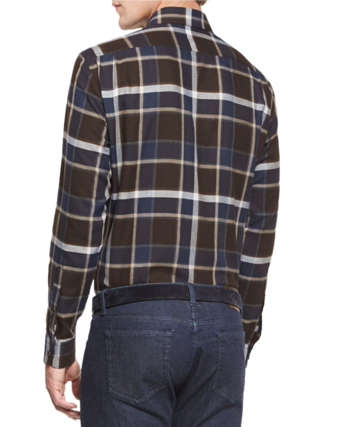 Large-Plaid Long-Sleeve Sport Shirt, Brown Pattern