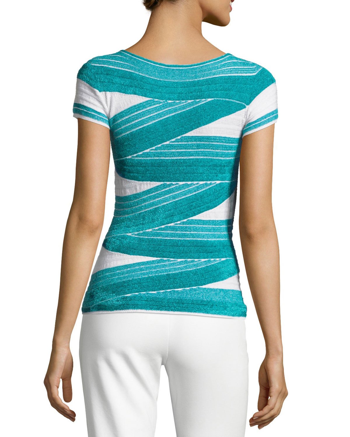 Chenille Striped Short-Sleeve Sweater, Azure/White