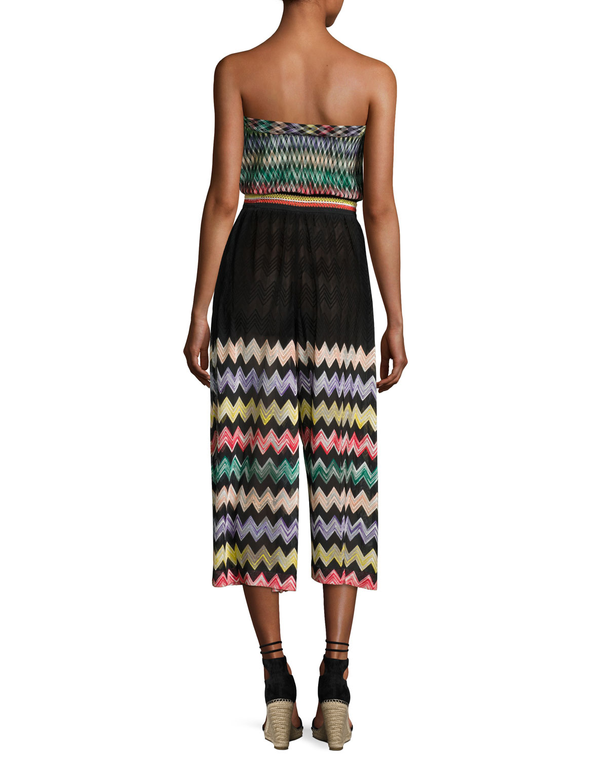 Zigzag Strapless Cropped Coverup Jumpsuit, Black