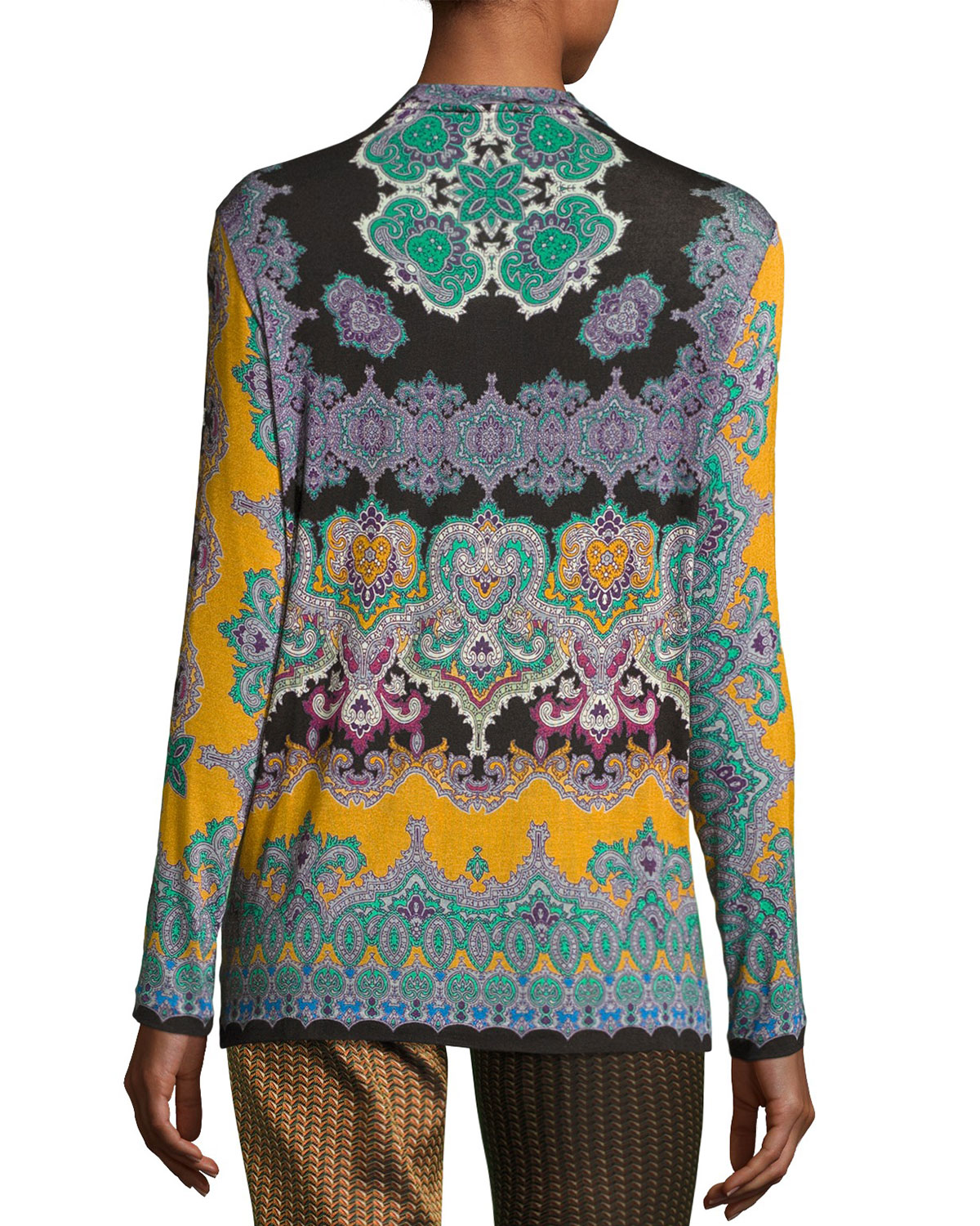 Paisley V-Neck Long-Sleeve Tee, Green/Gold