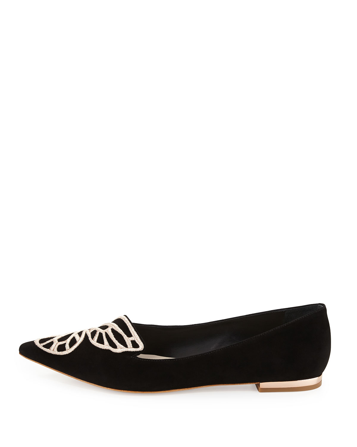 Bibi Butterfly Embroidered Suede Flat, Black/Rose Gold