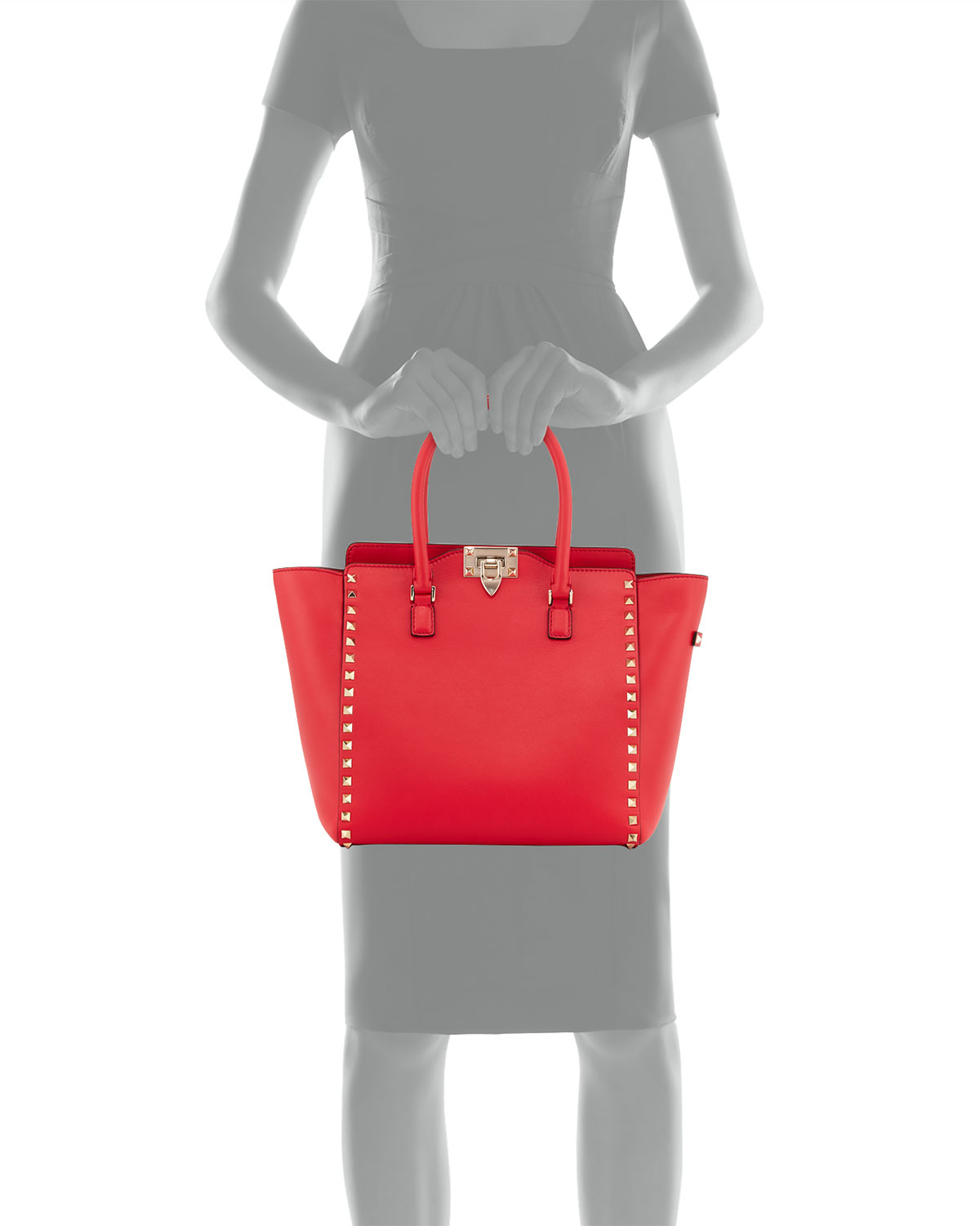 Rockstud Leather Shopper Tote Bag, Bright Red