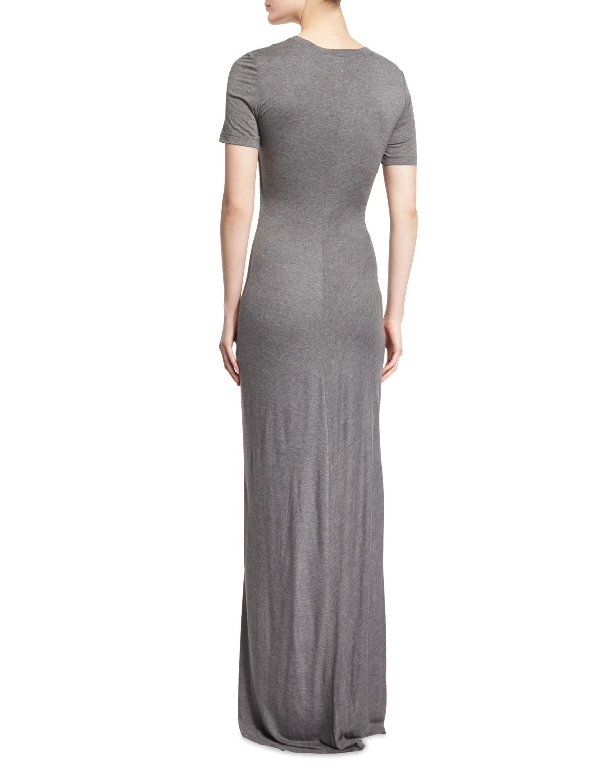 Laila Short-Sleeve Ruched Maxi Dress, Heather Gray