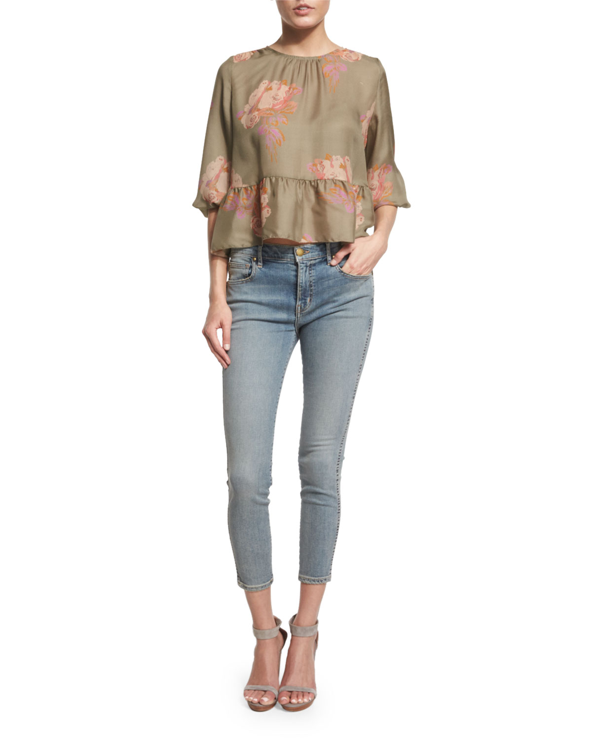 The Honey Floral-Print Peplum Shirt, Army Rose