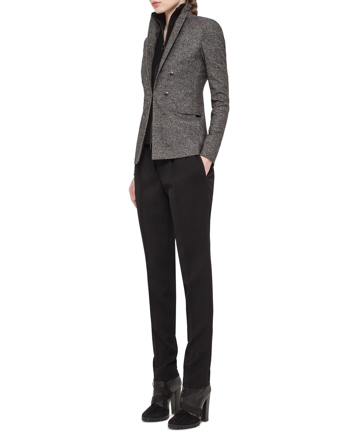 Tweed Hook-Front Jacket, Black/Cream