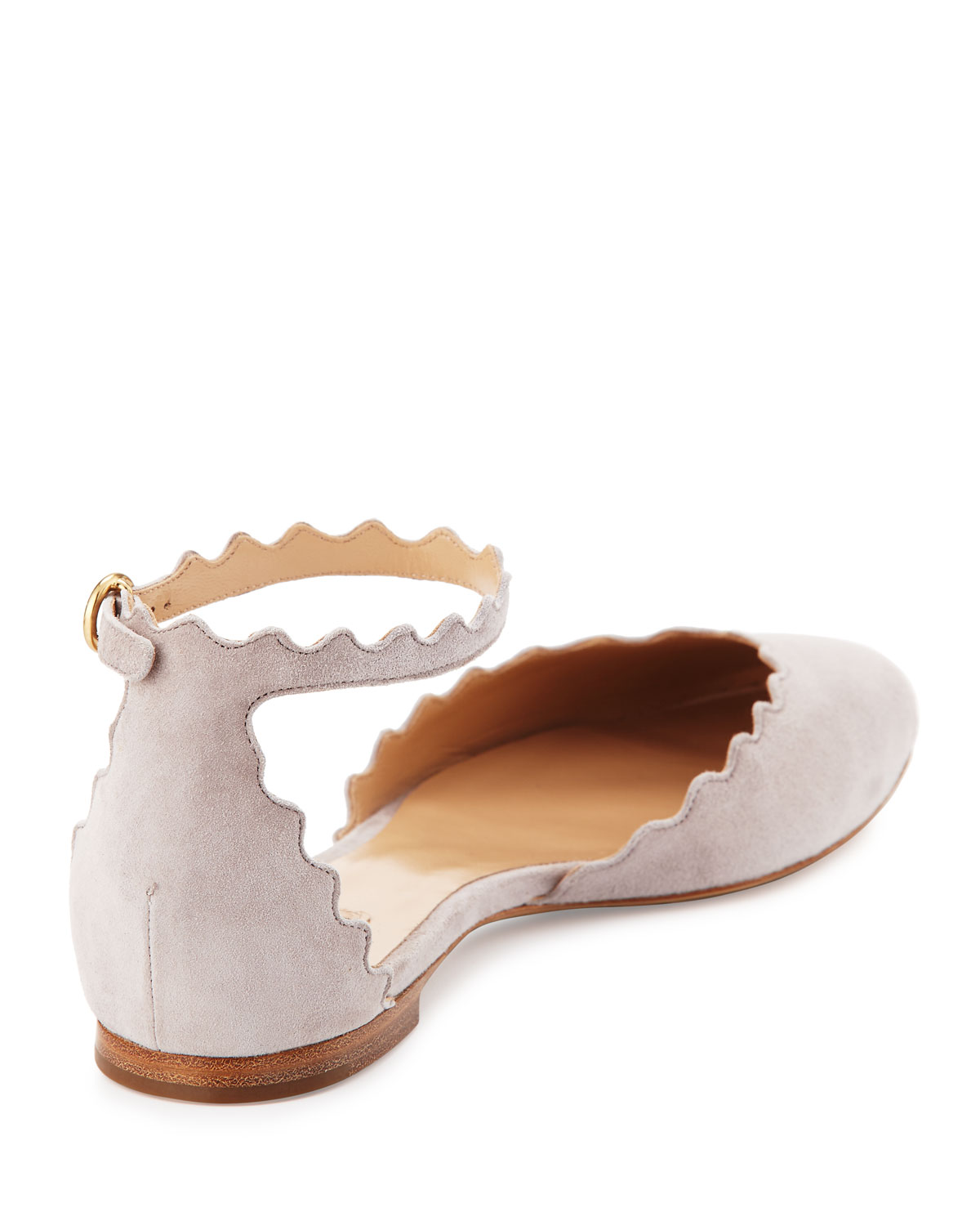 Lauren Scalloped Suede Ankle-Strap Flat, Elephant Gray