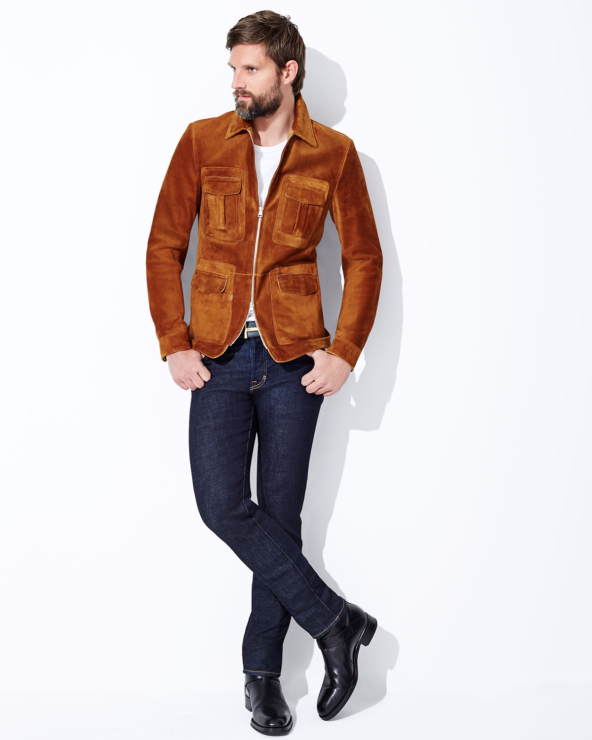 Cashmere-Suede Zip Jacket, Rust