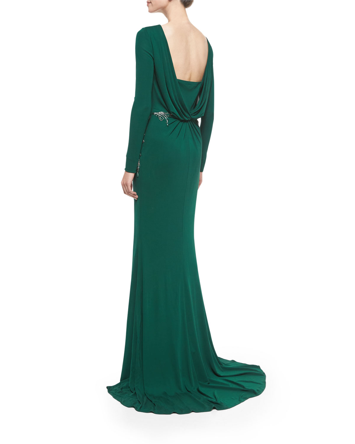 Long-Sleeve Draped-Back Beaded Gown, Emerald