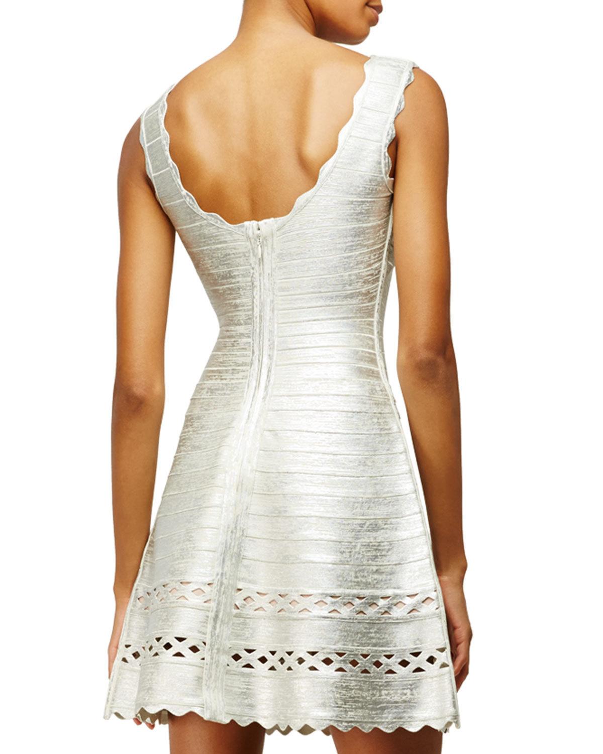 Sleeveless Fit-and-Flare Bandage-Knit Dress, Silver