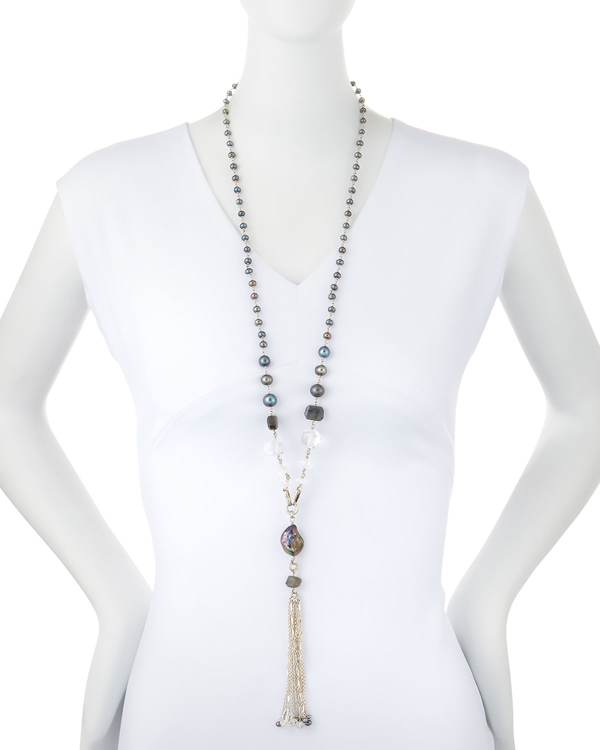 Crystal & Pearl Y Tassel Necklace