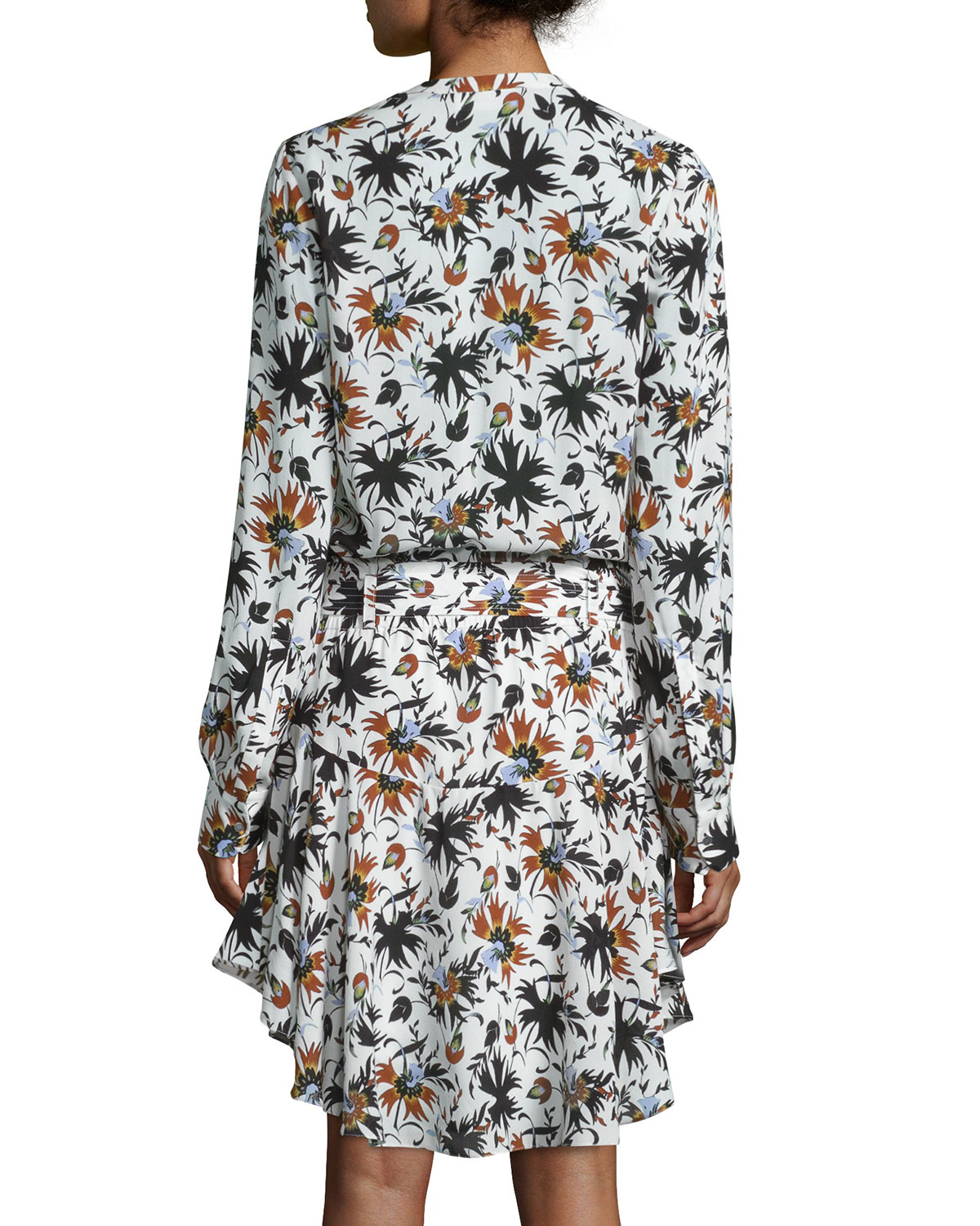 Way Long-Sleeve Floral Silk Dress, White/Multicolor