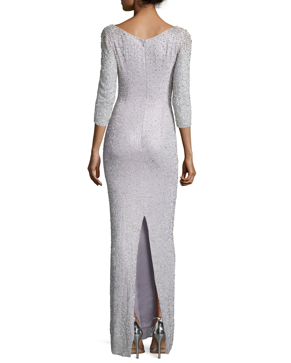 3/4-Sleeve Embellished Column Gown, Pale Wisteria