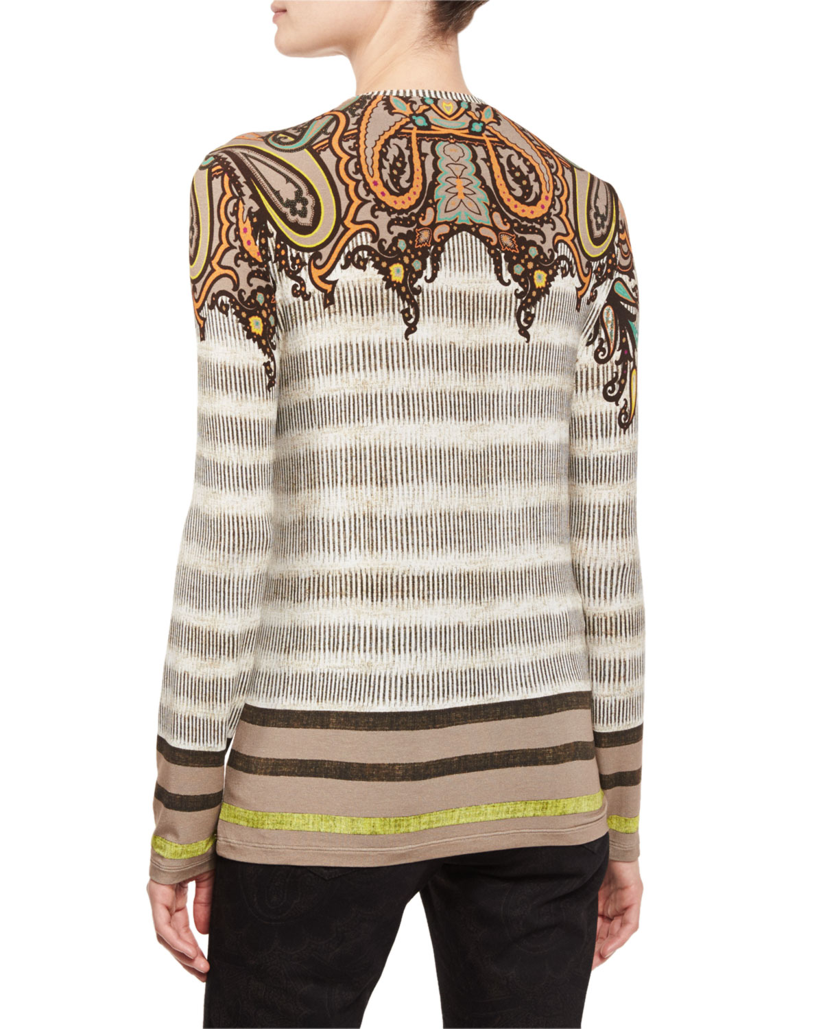 Paisley-Shoulder Long-Sleeve V-Neck Tee, Orange/Black