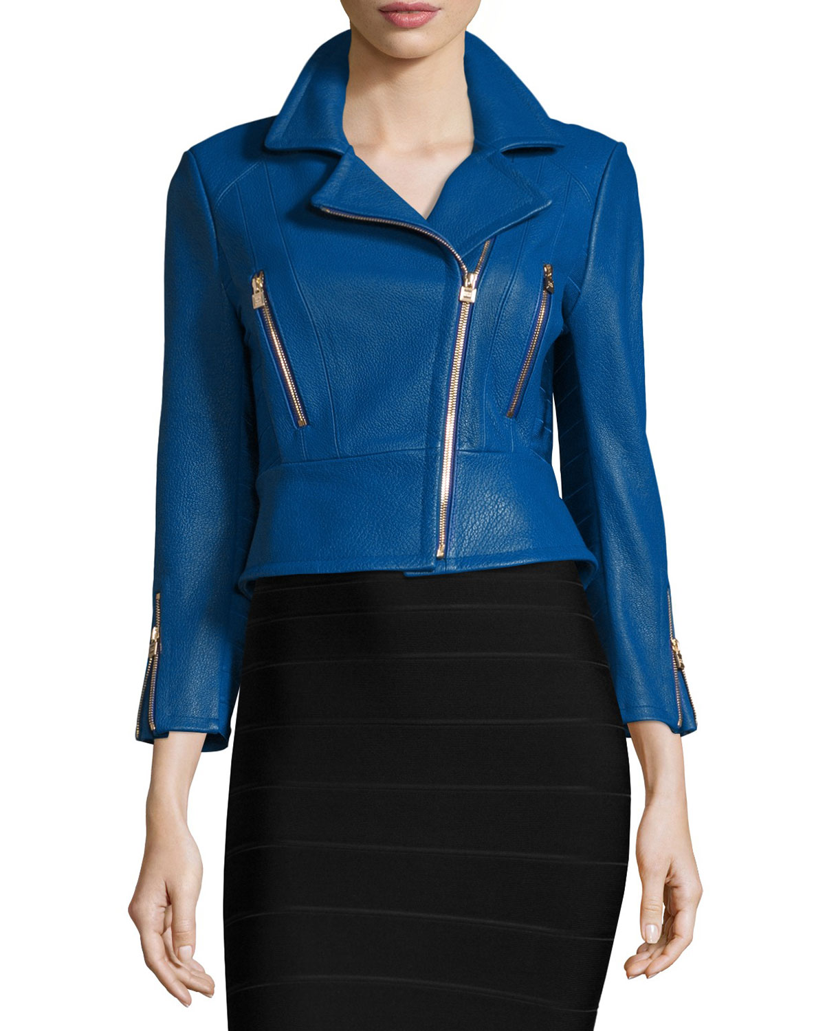 Zip-Front Leather Biker Jacket, Blue Sapphire