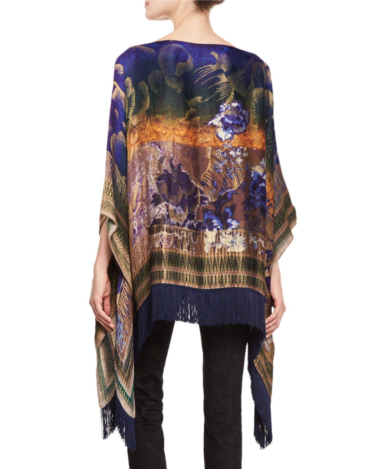 Floral Fringe-Trim Poncho, Blue/Pink