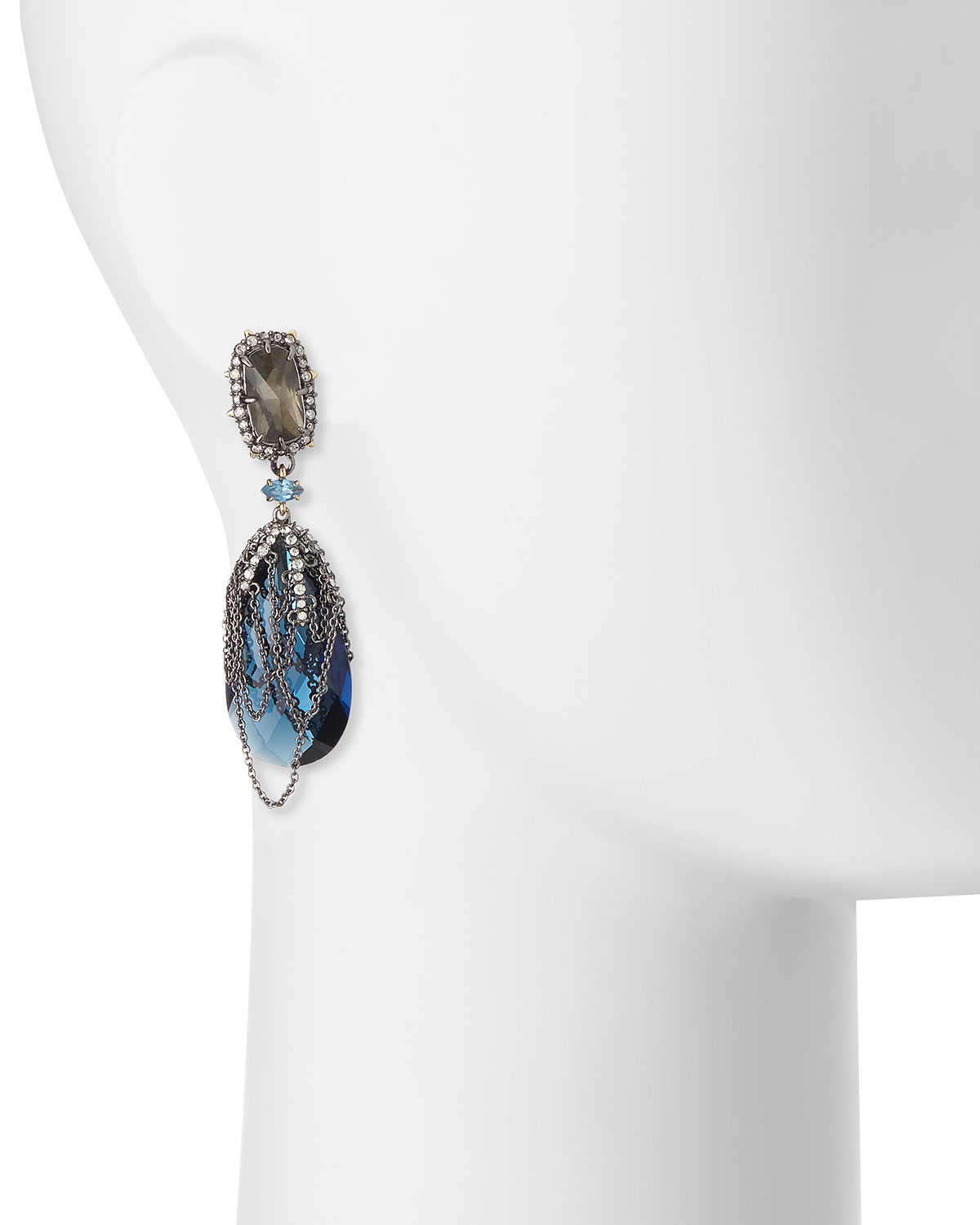 Draped Chain Crystal Clip-On Earrings, Blue