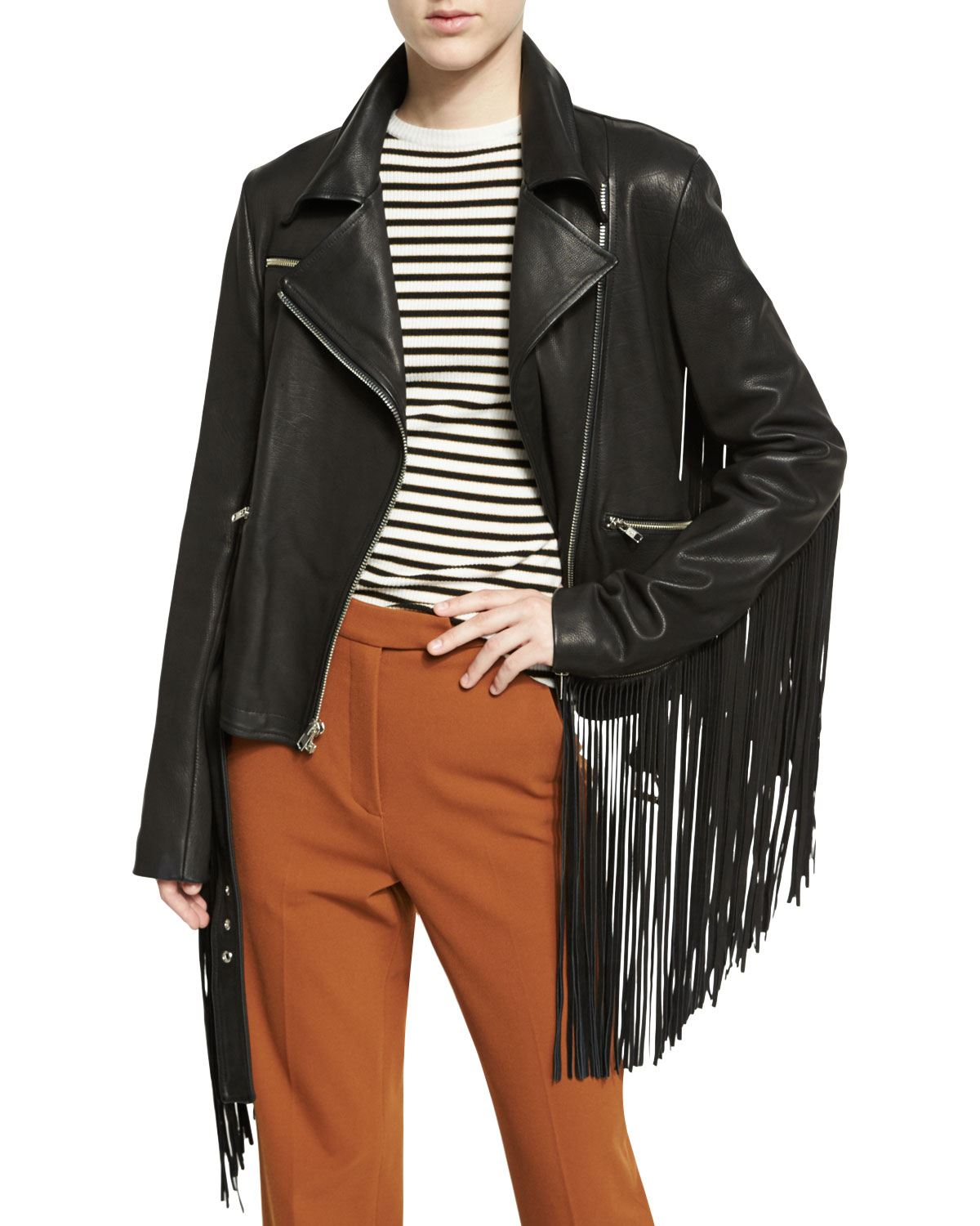 Charles Fringe Leather Moto Jacket, Black