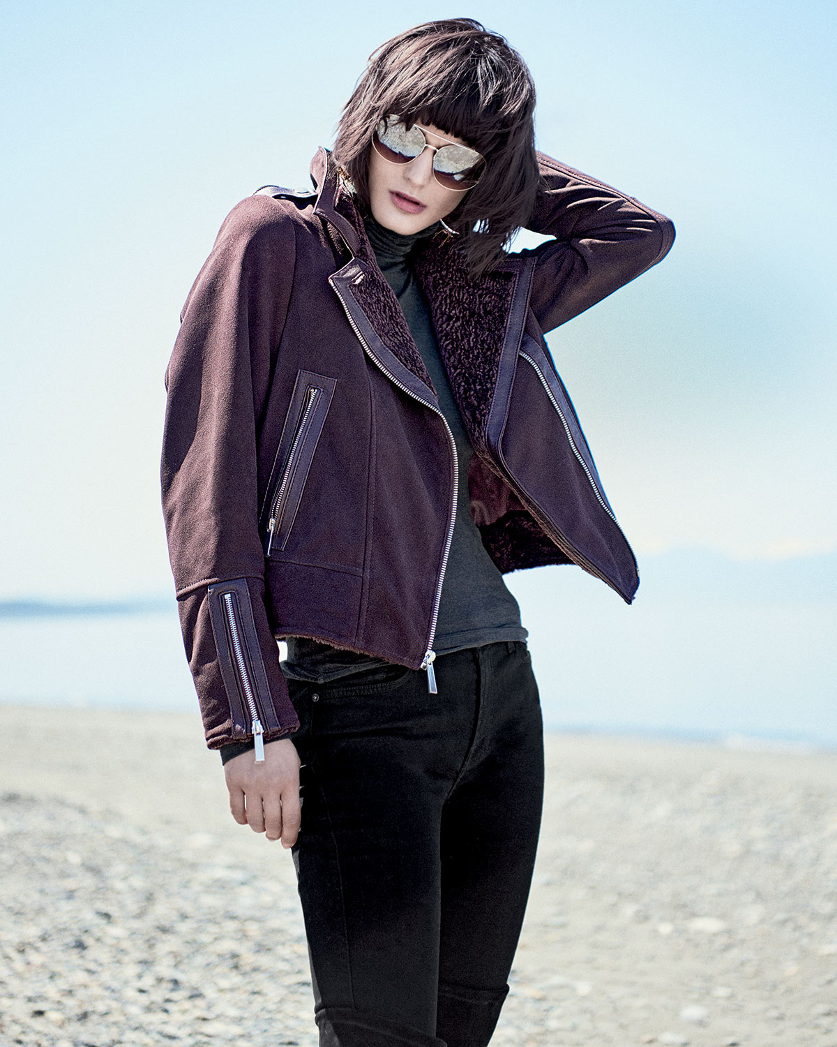 Suede Moto Jacket w/ Shearling Collar, Bordeaux