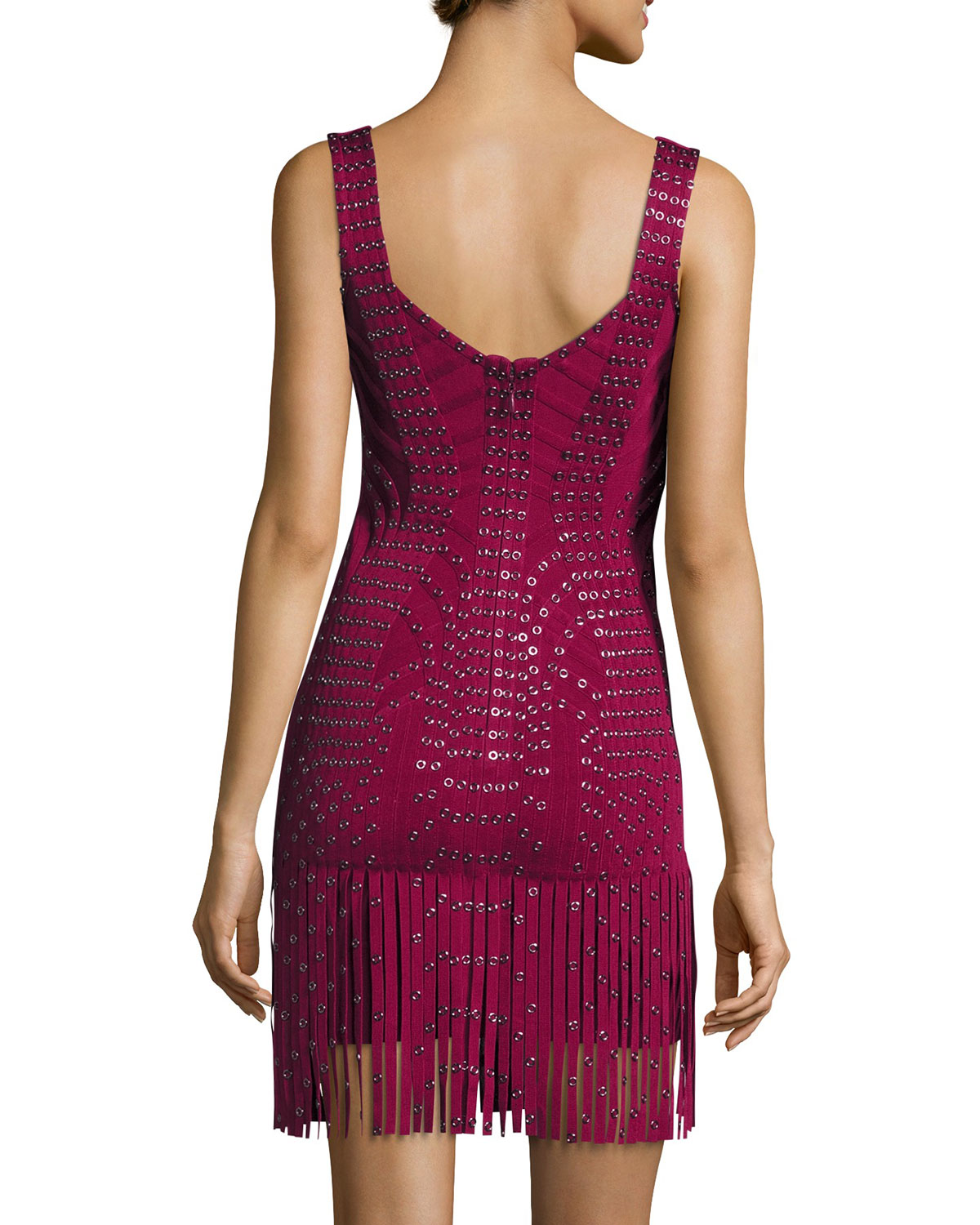 Sleeveless Grommet Fringe-Skirt Bandage Dress, Dark Maroon/Combo