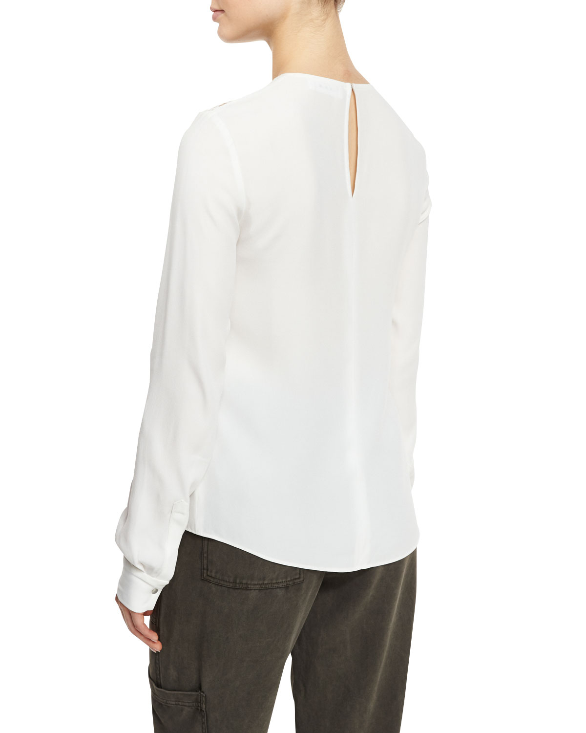 Sian Long-Sleeve Crepe Top, White