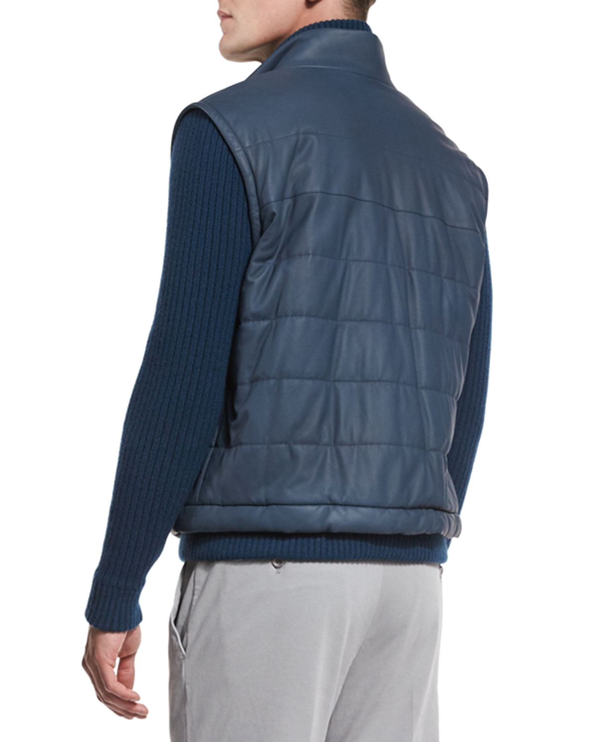 Quilted Leather & Ribbed Bomber Jacket, Lapis Lazuli