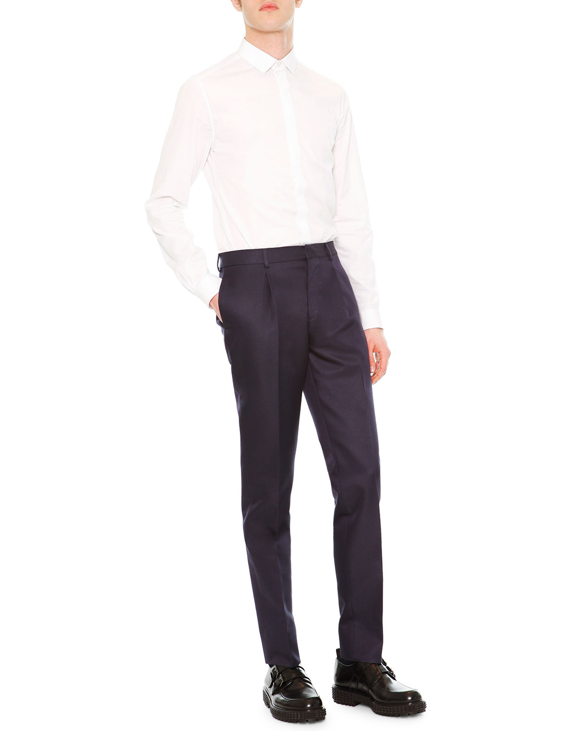 Slim-Fit Wool/Silk Trousers, Navy