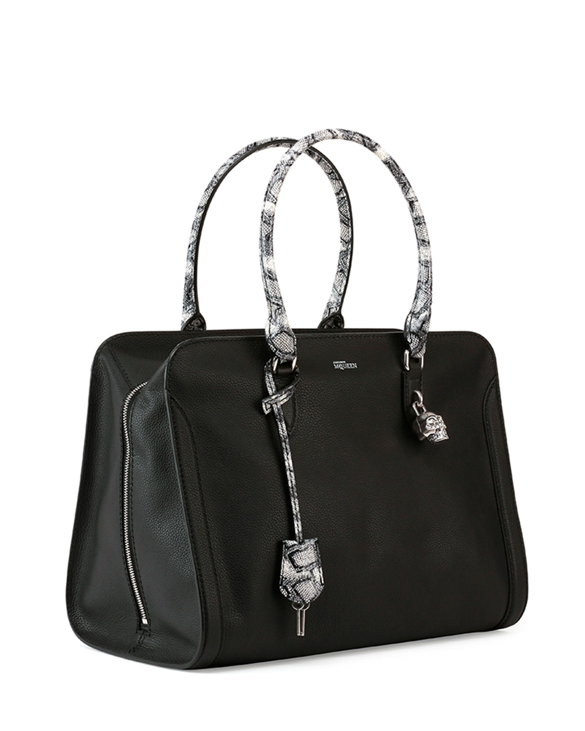 Medium Snake Print Padlock Satchel Bag, Black Multi