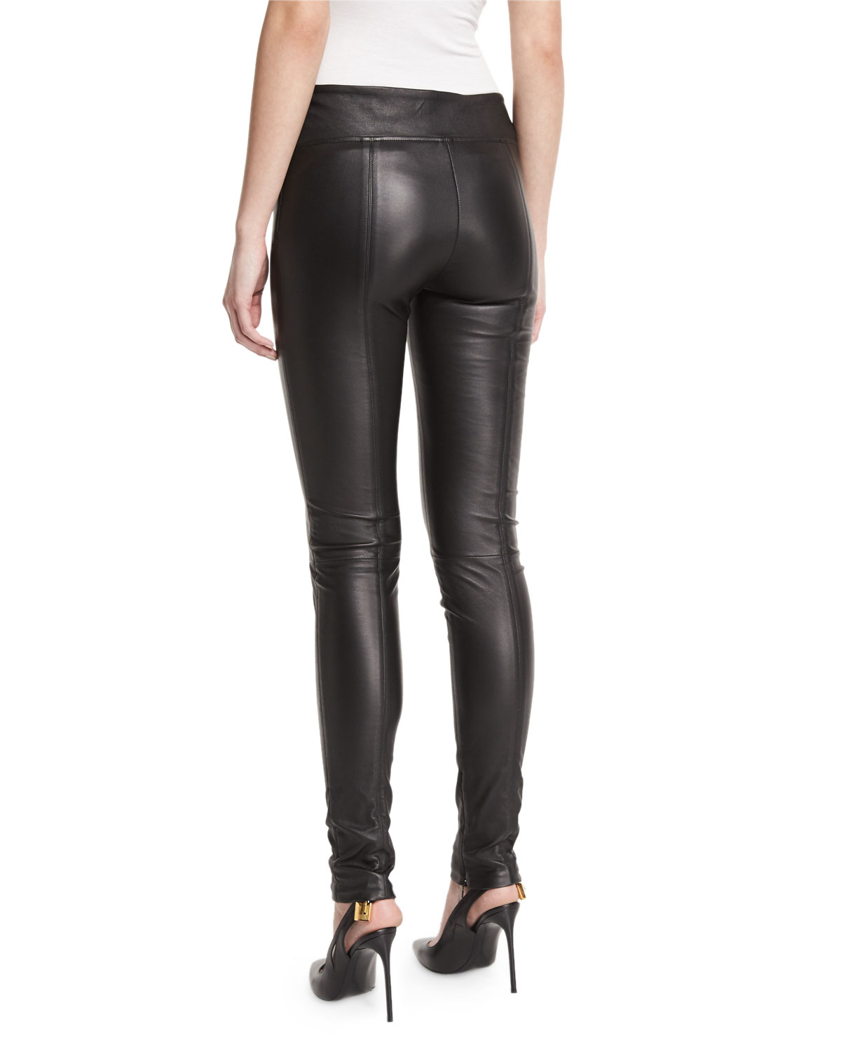 Yoke-Waist Leather Leggings, Black