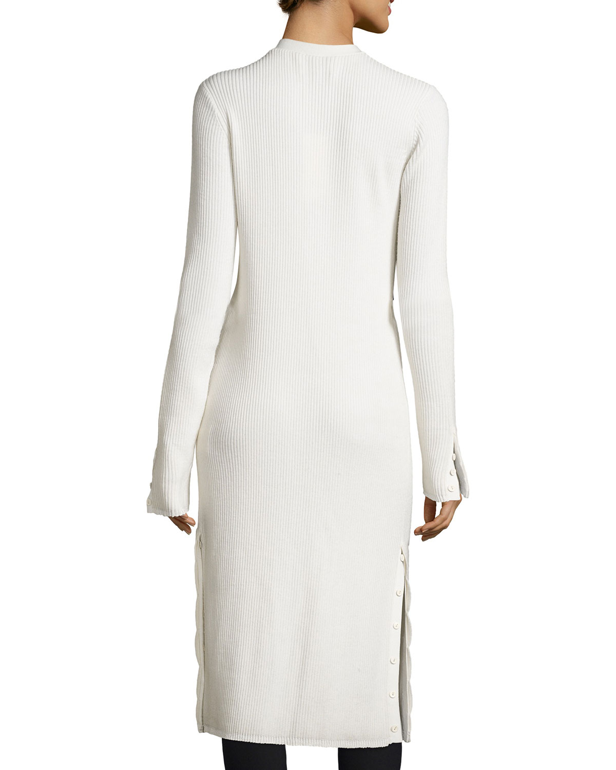 Long Ribbed Wool-Blend Cardigan, White