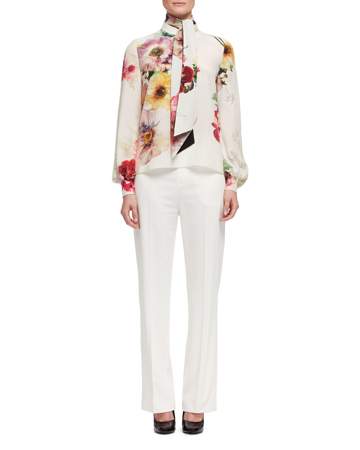 Stretch-Woven Wide-Leg Pants, Off White
