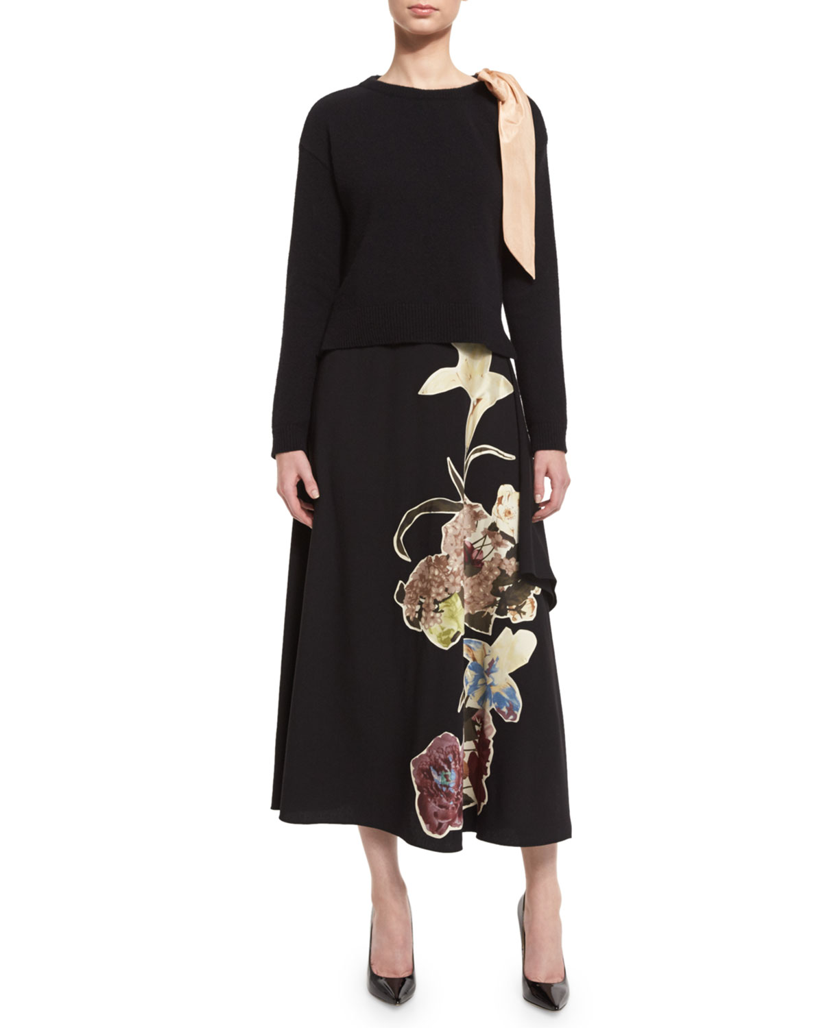 Floral-Print Side-Ruffle Skirt, Black