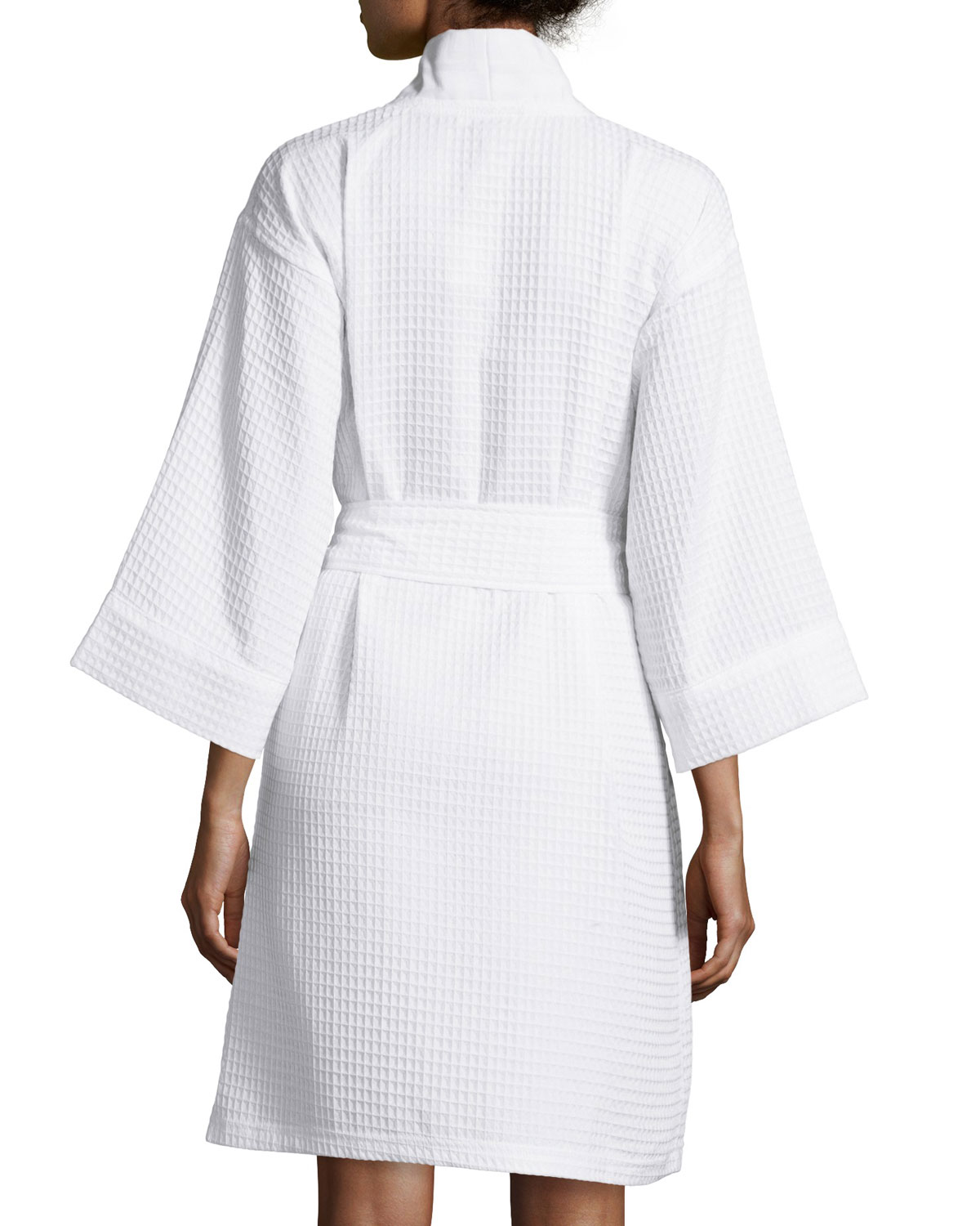 Waffle-Knit Short Wrap Robe, White