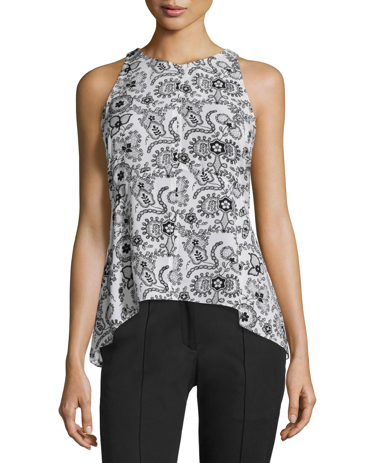 Stuart Sleeveless Henna Silk Top, Black/White