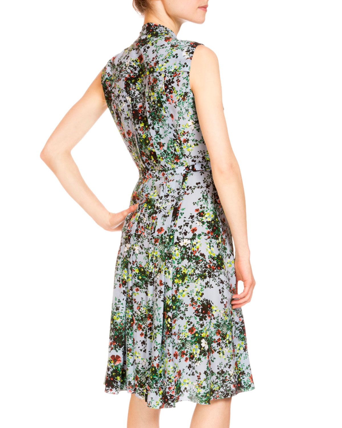 Sleeveless Tie-Neck Floral-Print Dress, Light Blue/Multi