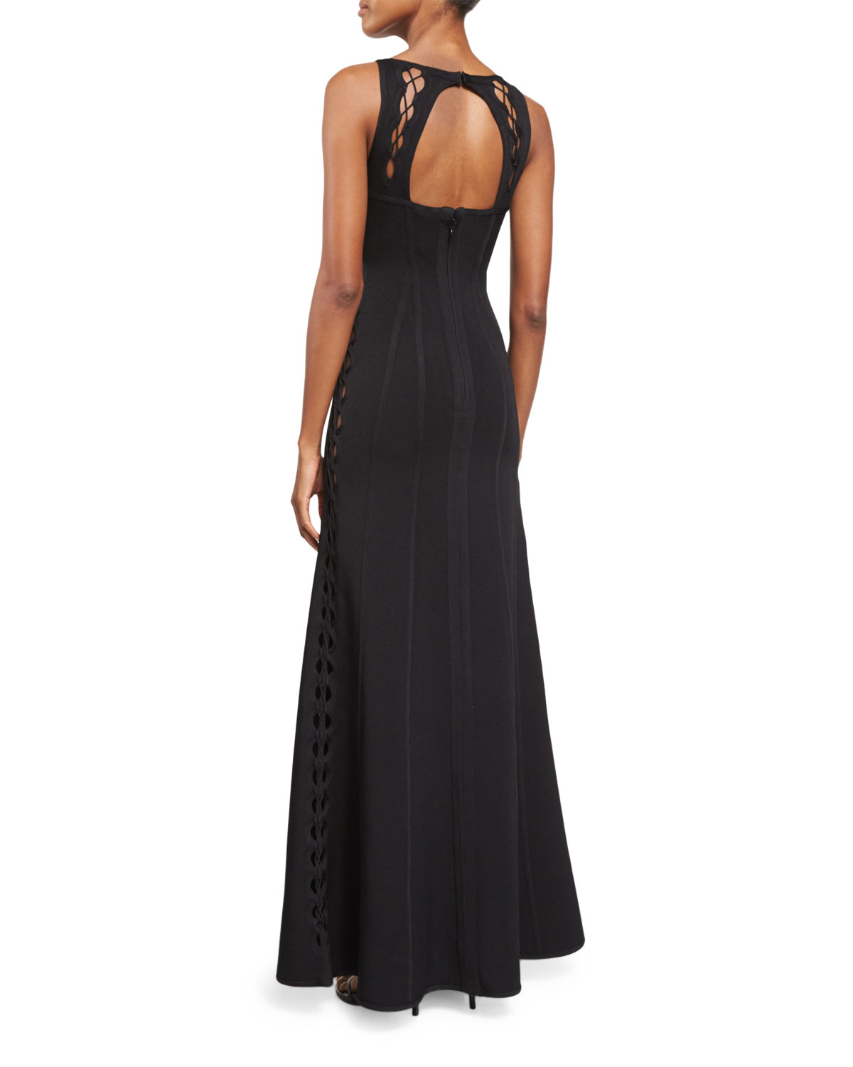 Sleeveless Fit-&-Flare Cutout Gown, Black