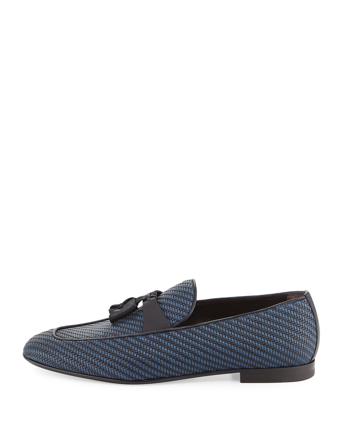 Lido Bicolor Woven Leather Tassel Loafer, Navy